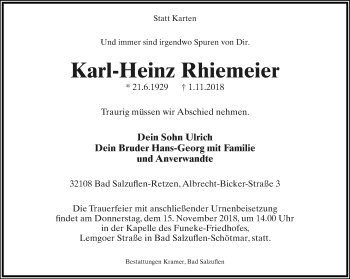 Anzeige  Karl-Heinz Rhiemeier  Lippische Landes-Zeitung