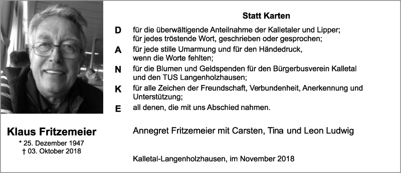  Traueranzeige für Klaus Fritzemeier vom 24.11.2018 aus Lippische Landes-Zeitung