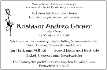 Anzeige  Kristmar Andrea Görner  Lippische Landes-Zeitung