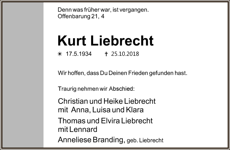  Traueranzeige für Kurt Liebrecht vom 01.11.2018 aus Lippische Landes-Zeitung