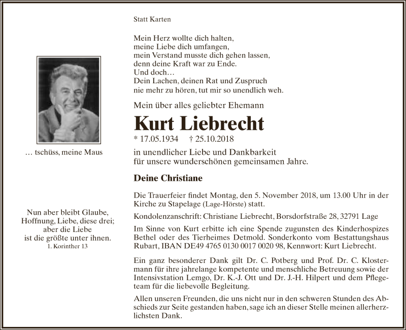  Traueranzeige für Kurt Liebrecht vom 01.11.2018 aus Lippische Landes-Zeitung