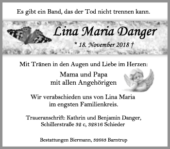 Anzeige  Lina Maria Danger  Lippische Landes-Zeitung