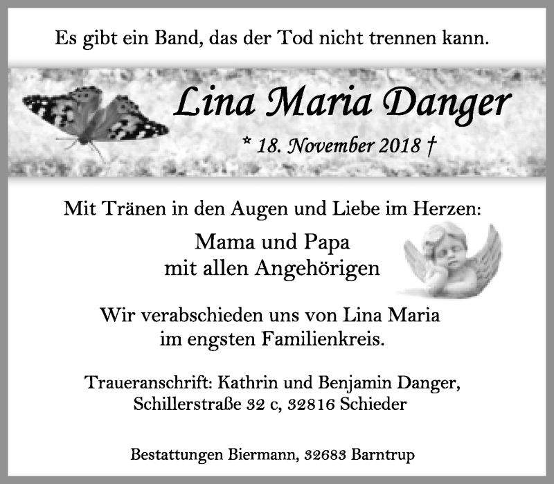  Traueranzeige für Lina Maria Danger vom 24.11.2018 aus Lippische Landes-Zeitung