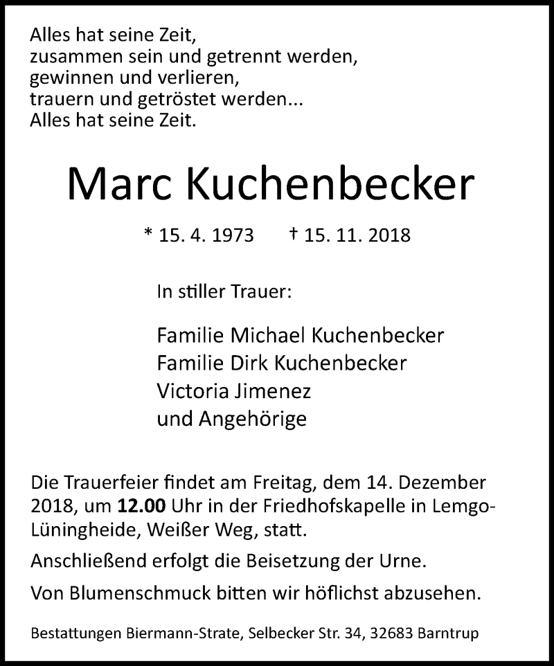  Traueranzeige für Marc Kuchenbecker vom 24.11.2018 aus Lippische Landes-Zeitung