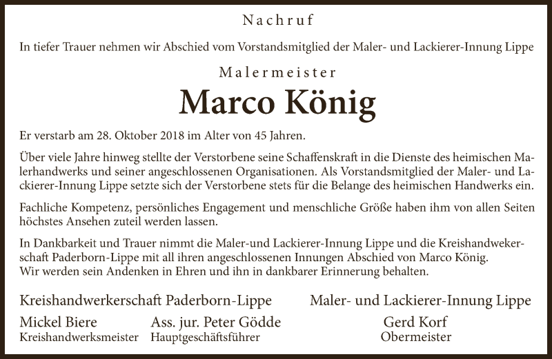  Traueranzeige für Marco König vom 03.11.2018 aus Lippische Landes-Zeitung