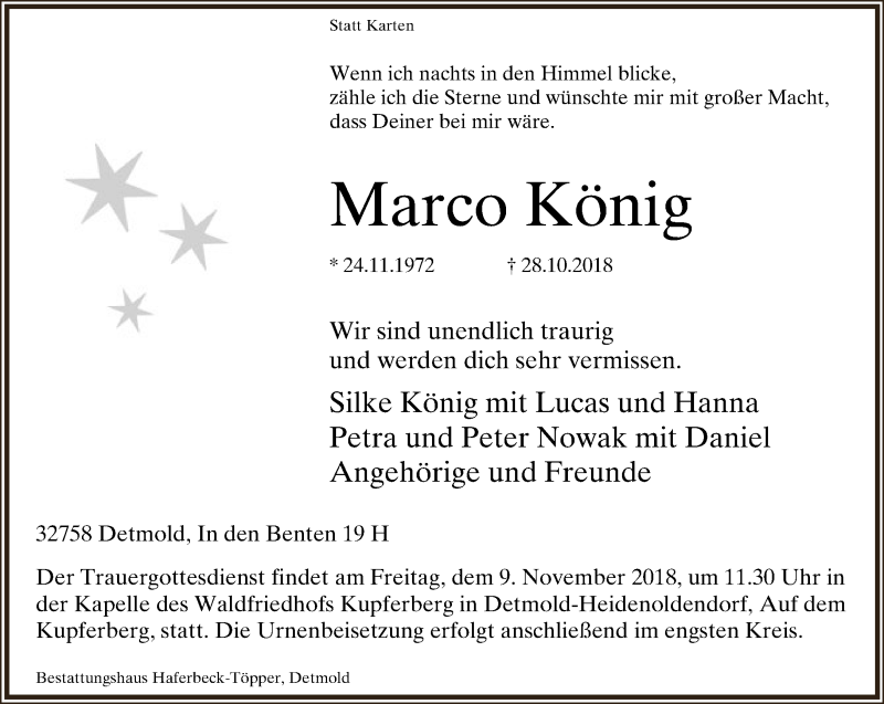  Traueranzeige für Marco König vom 03.11.2018 aus Lippische Landes-Zeitung