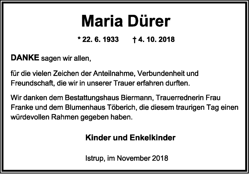  Traueranzeige für Maria Dürer vom 10.11.2018 aus Lippische Landes-Zeitung