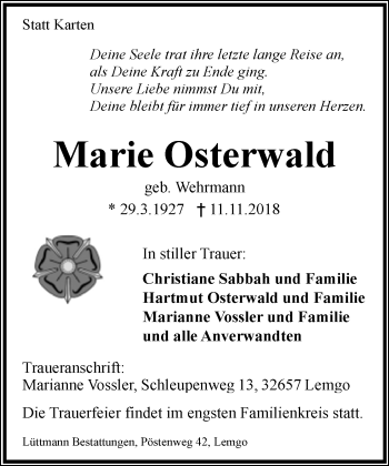 Anzeige  Marie Osterwald  Lippische Landes-Zeitung