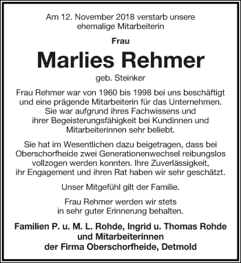 Anzeige  Marlies Rehmer  Lippische Landes-Zeitung