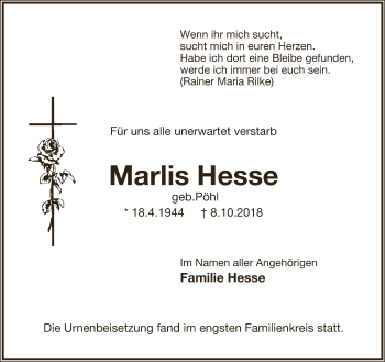 Anzeige  Marlis Hesse  Lippische Landes-Zeitung