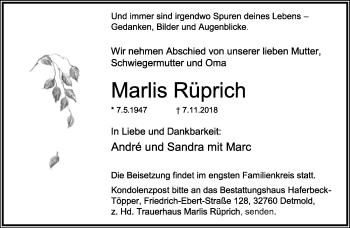 Anzeige  Marlis Rüprich  Lippische Landes-Zeitung