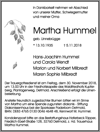 Anzeige  Martha Hummel  Lippische Landes-Zeitung