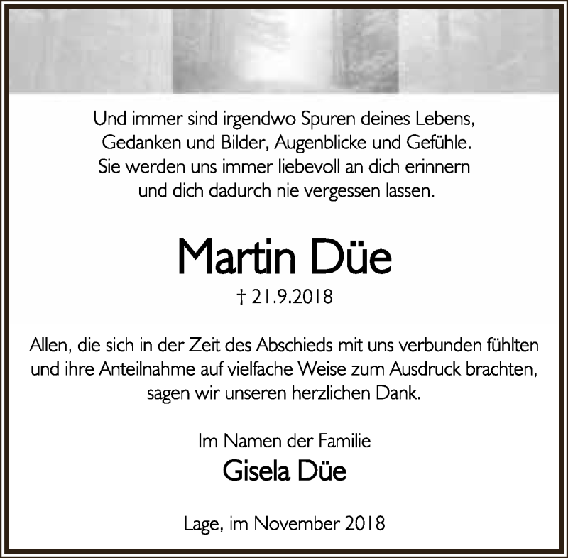  Traueranzeige für Martin Düe vom 03.11.2018 aus Lippische Landes-Zeitung