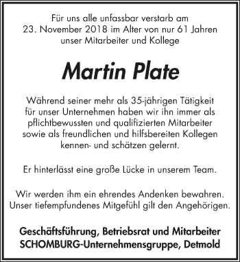 Anzeige  Martin Plate  Lippische Landes-Zeitung