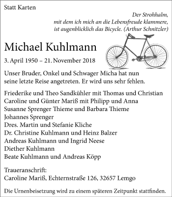 Anzeige  Michael Kuhlmann  Lippische Landes-Zeitung