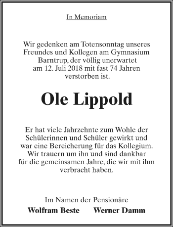 Anzeige  Ole Lippold  Lippische Landes-Zeitung