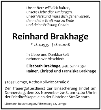 Anzeige  Reinhard Brakhage  Lippische Landes-Zeitung