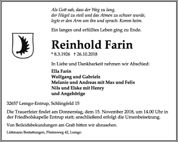 Anzeige  Reinhold Farin  Lippische Landes-Zeitung