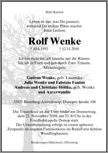 Anzeige  Rolf Wenke  Lippische Landes-Zeitung