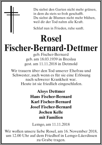 Anzeige  Rosel Fischer-Bernard-Dettmer  Lippische Landes-Zeitung