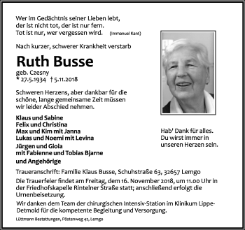 Anzeige  Ruth Busse  Lippische Landes-Zeitung