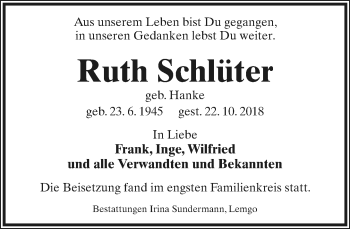 Anzeige  Ruth Schlüter  Lippische Landes-Zeitung