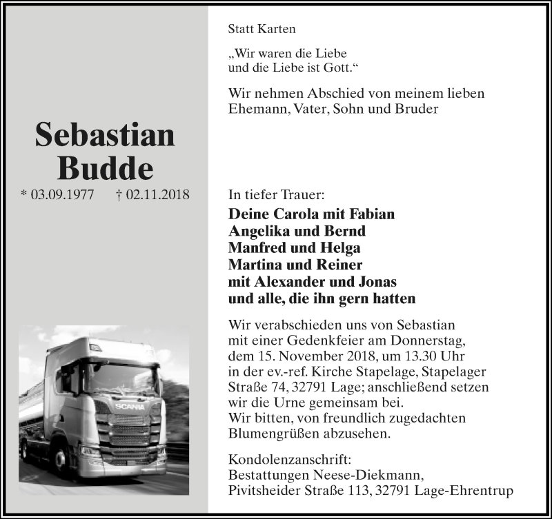  Traueranzeige für Sebastian Budde vom 10.11.2018 aus Lippische Landes-Zeitung