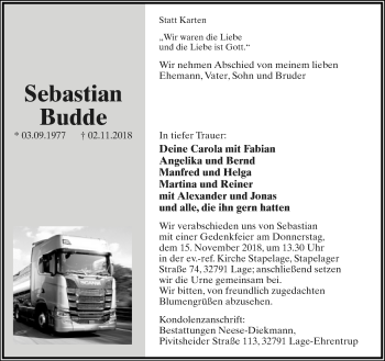 Anzeige  Sebastian Budde  Lippische Landes-Zeitung