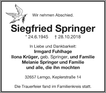 Anzeige  Siegfried Springer  Lippische Landes-Zeitung