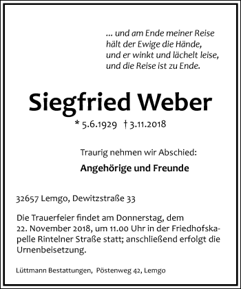 Anzeige  Siegfried Weber  Lippische Landes-Zeitung