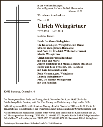 Anzeige  Ulrich Weingärtner  Lippische Landes-Zeitung