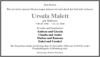 Anzeige  Ursula Malett  Lippische Landes-Zeitung