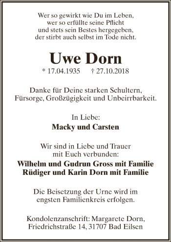 Anzeige  Uwe Dorn  Lippische Landes-Zeitung