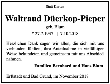 Anzeige  Waltraud Düerkop-Pieper  Lippische Landes-Zeitung
