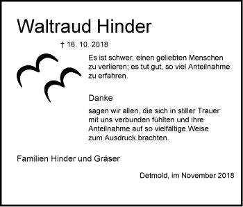 Anzeige  Waltraud Hinder  Lippische Landes-Zeitung