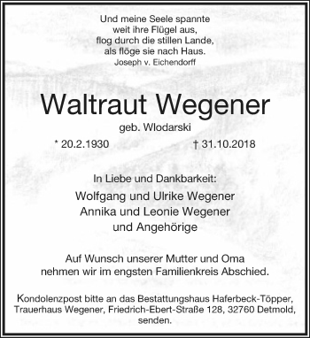 Anzeige  Waltraut Wegener  Lippische Landes-Zeitung