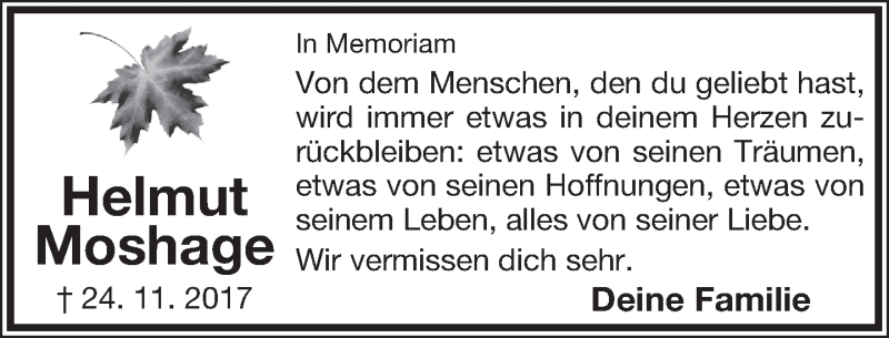  Traueranzeige für Helmut Moshage vom 24.11.2018 aus Lippische Landes-Zeitung