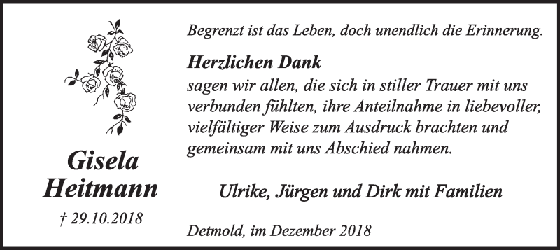  Traueranzeige für Gisela Heitmann vom 08.12.2018 aus Lippische Landes-Zeitung