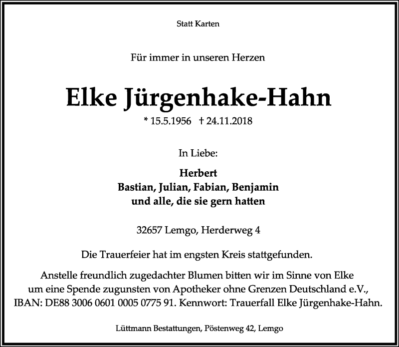  Traueranzeige für Elke Jürgenhake-Hahn vom 01.12.2018 aus Lippische Landes-Zeitung