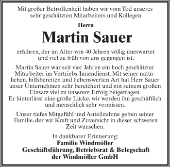 Anzeige  Martin Sauer  Lippische Landes-Zeitung
