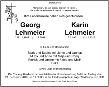 Anzeige  Karin Lehmeier  Lippische Landes-Zeitung