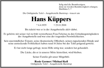 Anzeige  Hans Küppers  Lippische Landes-Zeitung