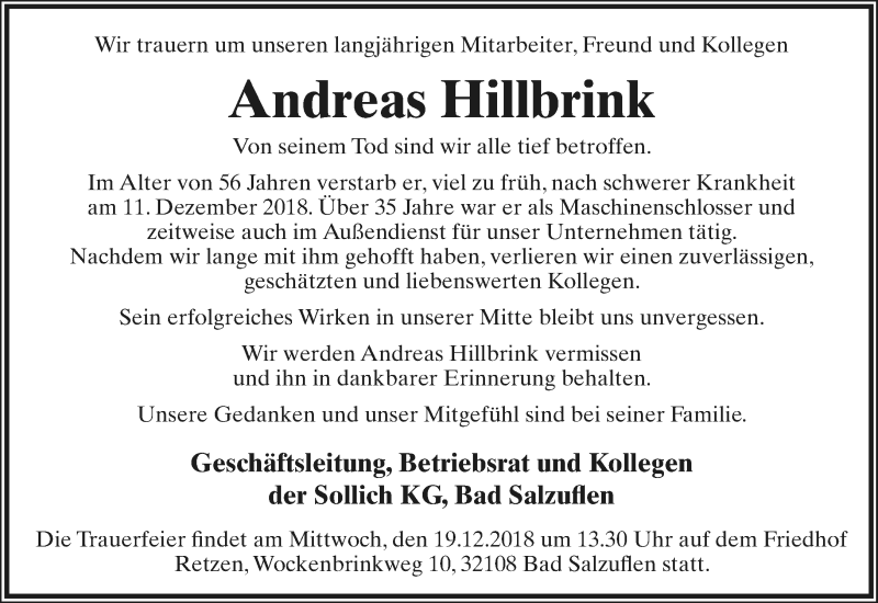  Traueranzeige für Andreas Hillbrink vom 15.12.2018 aus Lippische Landes-Zeitung