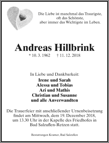 Anzeige  Andreas Hillbrink  Lippische Landes-Zeitung