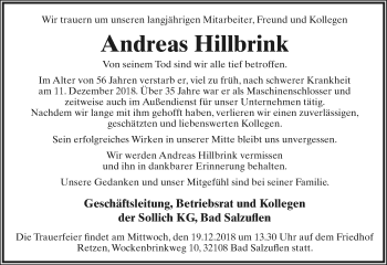 Anzeige  Andreas Hillbrink  Lippische Landes-Zeitung