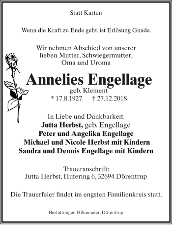 Anzeige  Annelies Engellage  Lippische Landes-Zeitung