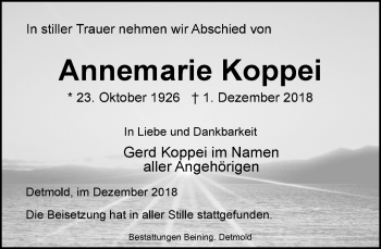 Anzeige  Annemarie Koppei  Lippische Landes-Zeitung