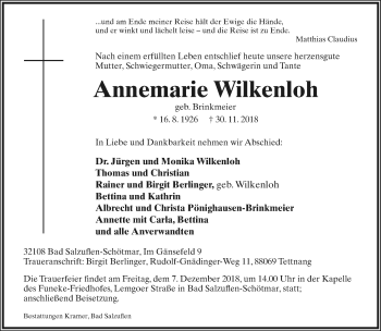 Anzeige  Annemarie Wilkenloh  Lippische Landes-Zeitung