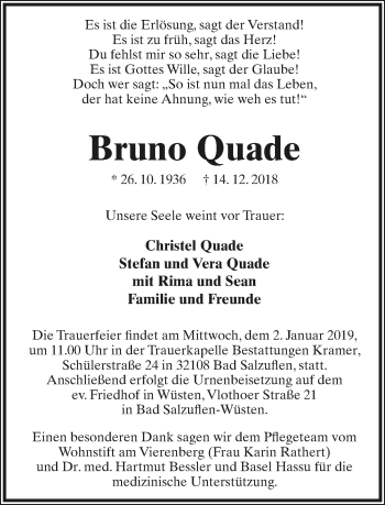 Anzeige  Bruno Quade  Lippische Landes-Zeitung