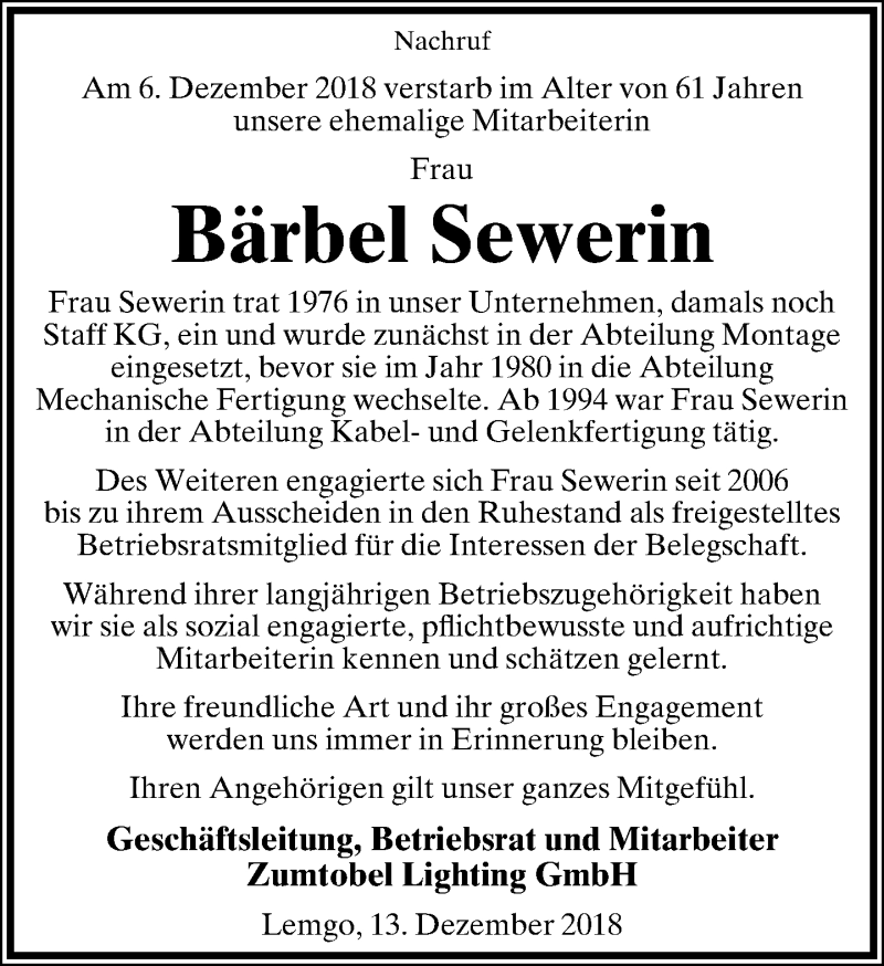  Traueranzeige für Bärbel Sewerin vom 15.12.2018 aus Lippische Landes-Zeitung